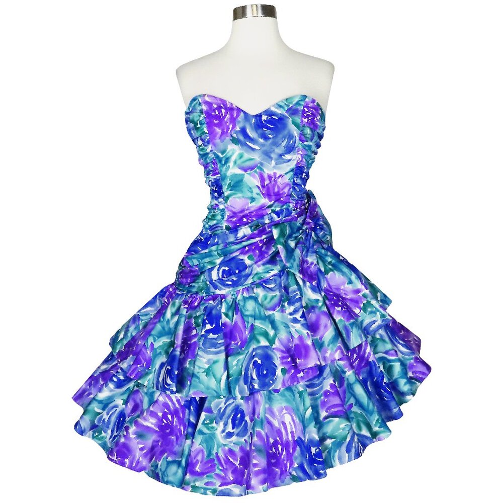 Vintage 80s Strapless Floral Tiered Full Skirt Prom Party Dress XXS XS Zum Zum